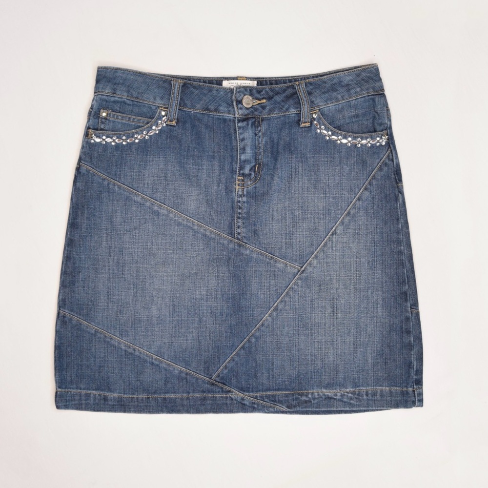 White House Black Market denim rhinestones patchwork mini skirt